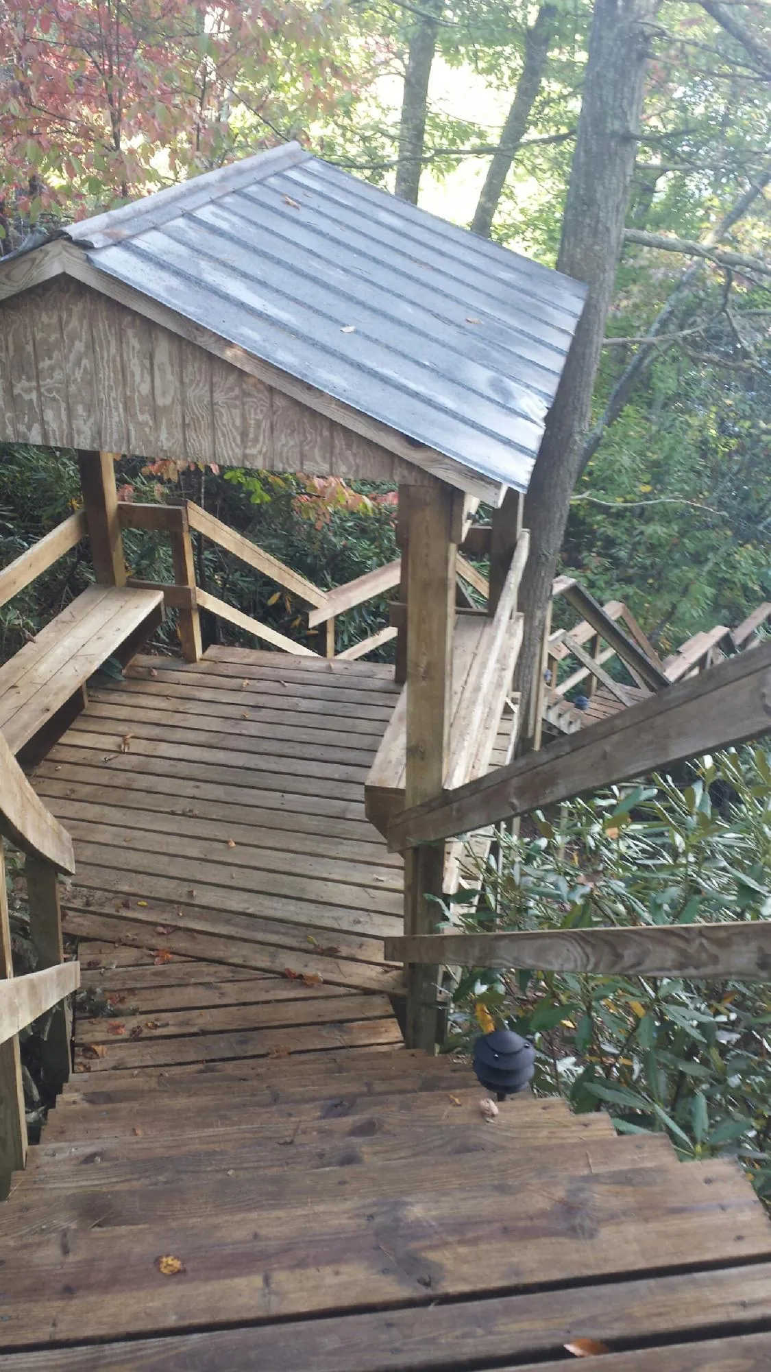 Metal roofed shelter over wooden steps on a wooded walkway — Skylight Repair & Installation work by our crew in Footville